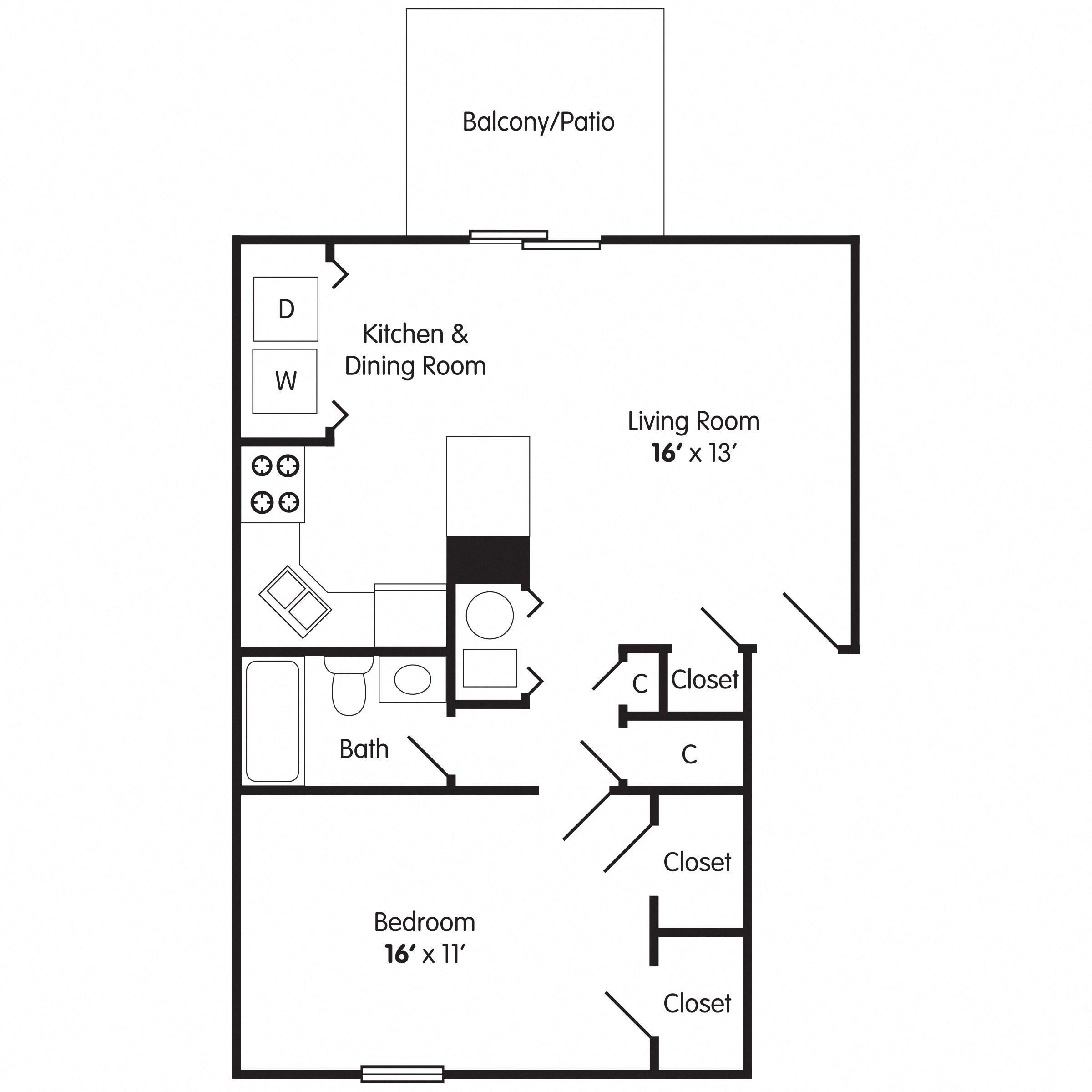 Floor plan for 1 bed, 1 bath, 675 sqft